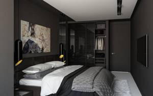 Темный дизайн небольшой прямоугольной спальни